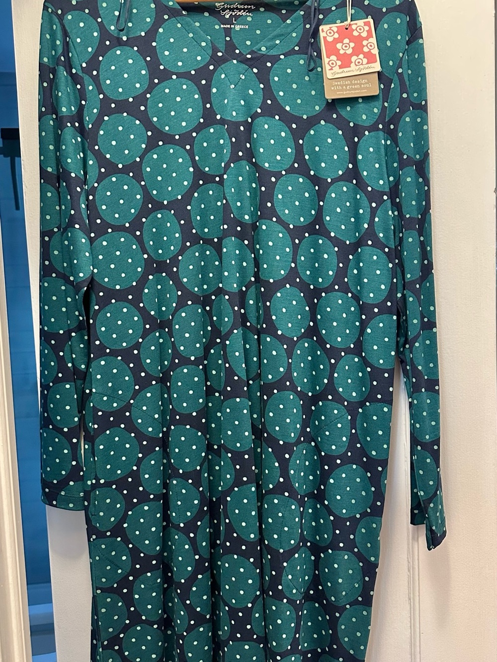 Gudrun Sjöden Sz. L: Teal and Navy Polka Dot Dress NWT